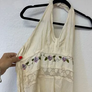 Vintage 1960s Handmade Embroidered Gauze Halter Maxi Dress Hippie Folk thumbnail 2