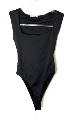 ZARA Solid Black Square Neck Bodysuit Polyamide Elastane Womens Small thumbnail 1