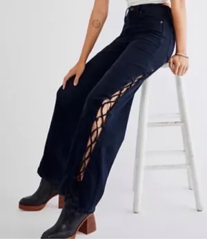 We The Free Lace Up Slouchy Jeans Womens Black Side Tie Wide Leg Denim 28 thumbnail 1