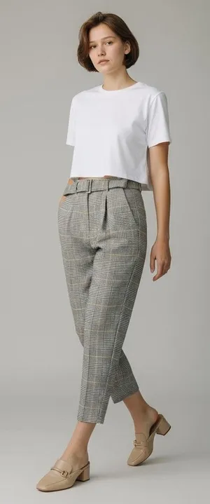 Ann Taylor Cropped Dress Pants Glen Plaid Belted Tapered Tan Preppy Womens 4P‎ thumbnail 1