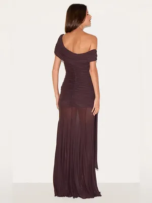 PrettyLittleThing BROWN LINED MESH BARDOT MAXI DRESS Sz 0 thumbnail 3