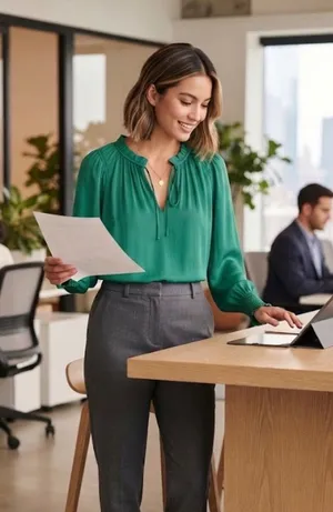 LOFT Emerald Green Ruffle-Neck Long Sleeve Blouse thumbnail 1
