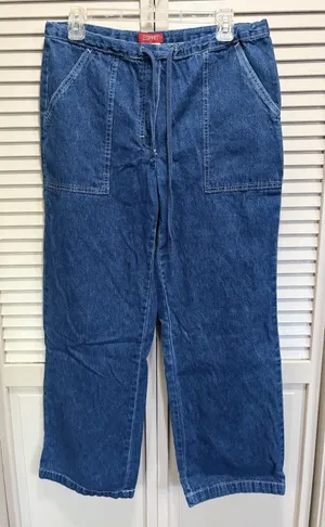 Esprit‎ Wide Leg Pull On Denim Jeans Tie Waist Size M Mid Rise Logo Pockets thumbnail 1