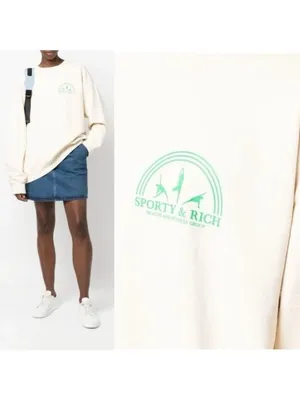 NEW Sporty & Rich Fitness Group Crewneck Sweatshirt M Off White Fleece Oversized thumbnail 3