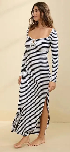 Aerie Maxi Dress Women Small Blue White Stripe Tie Front Long Sleeve Coastal thumbnail 1
