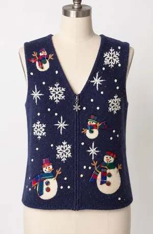 TimberLea Sweater Vest M Blue Snowman Snowflake Zip Up Grandmacore Christmas thumbnail 1