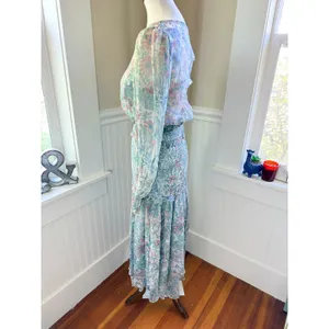 LoveShackFancy Floral Smocked Midi Dress Blue Pink Ruffle Size M thumbnail 13