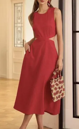 RIHOAS The Red Round Neck Cut-Out Midi Dress 3 thumbnail 1