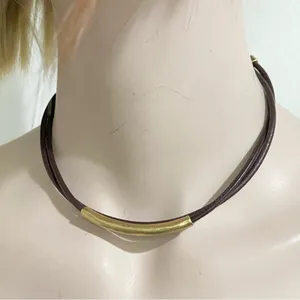 LUCKY BRAND Dark Brown Double Leather With Gold Bar Choker Necklace thumbnail 2