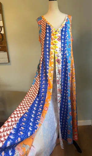 Patchwork Floral Print Maxi Dress coverup Sleeveless Blue Orange boho whimsigoth thumbnail 1