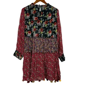 Zara Floral Patchwork Tiered Pompom Semi Sheer Peasant Mini Dress M Black Red thumbnail 14