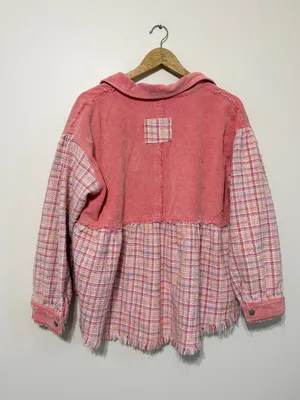 POL Pink Tweed Shirt Jacket Size Medium Shacket Patchwork Boho thumbnail 7