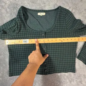 Madewell Medium Dark Green Black Gingham Cropped Button Front Top Holiday Grunge thumbnail 5