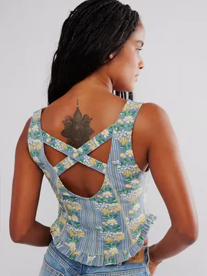 Free People Melanie Tank Top, Dusty Combo, Blue Floral Medium thumbnail 3