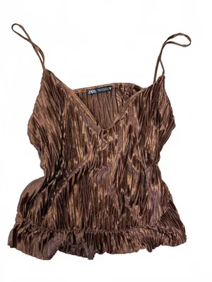 ZARA Brown Pleated Satin Camisole Top Medium M Made in Portugal thumbnail 1