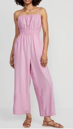 Old Navy Linen Blend‎ Jumpsuit Medium Cottagecore Smocked Wide Leg Ankle Pink thumbnail 1