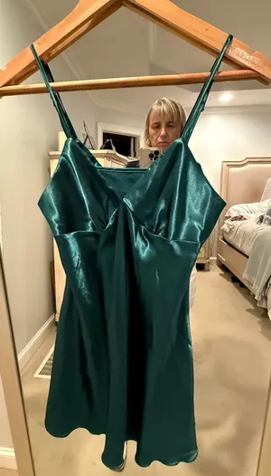 Emerald Green Satin Mini Dress with Spaghetti Straps Size S thumbnail 1