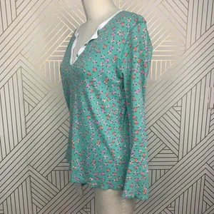 Anthropologie Roberta Roller Rabbit Blooms Pajama Top Tee Henley Floral Green Size US Small‎ thumbnail 7