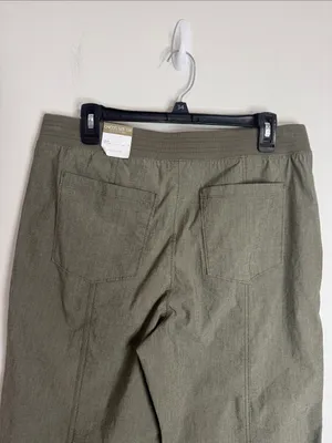 Chico’s Cuffed Cropped Tab Olive Green Seamed Pants elastic waistband Cotton 10 thumbnail 4