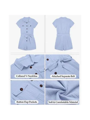 NEW 100% Cotton Pockets Romper Button Short Sleeve L NO BELT Light blue 100% Co thumbnail 6