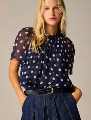 J. Crew Sheer Flowy Smocked Top Ombré Polka Dot Crinkle Chiffon Navy Large Cupro thumbnail 1