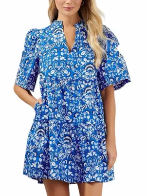 Sugarlips Lulu Dixie Dress Mini Shift Blue Floral Cotton Women’s Size Medium thumbnail 1