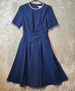 Kay Unger Navy Blue Fit & Flare Dress Elegant Draped Bodice Rhinestone Trim Sz 4 thumbnail 1