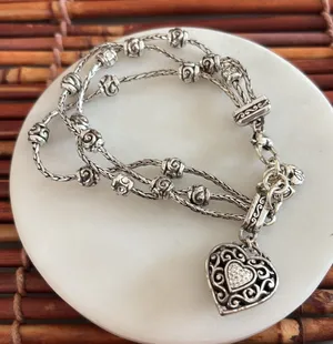 Brighton Three Strand Silver Heart Charm Bracelet with Crystal Accents thumbnail 1