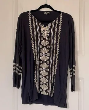 Pol Clothing Navy Tribal Embroidered Lace Up Top Large thumbnail 1