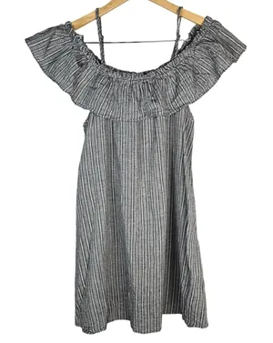 Umgee USA Gray White Striped Cold Shoulder Ruffle Mini Dress G0203 Medium thumbnail 1
