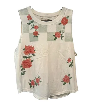 We The Free $58 Check It Out Free People Ivory Checkered Floral Muscle Tee Top M thumbnail 3