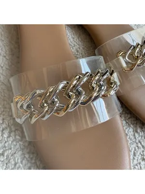 Clear Slide Sandals Nude Gold/Silver Chain Transparent Strap Slip On Sz 8 thumbnail 2