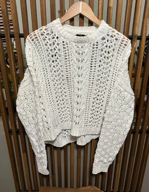 Volcom Cream Open Knit Crochet Pullover Sweater Small Beachy Coastal thumbnail 1
