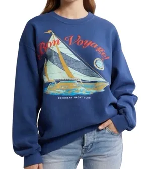 DAYDREAMER Bon Voyage BF Sweatshirt in Washed Indigo, Size Small New without Tag thumbnail 1