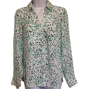 EXPRESS Portofino White Green Shamrock Clover Button Up Roll Tab Blouse NWOT XS thumbnail 2