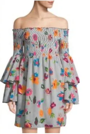 Nicole Miller Floral Striped Smocked Off Shoulder‎ Bell Sleeve Dress Size 10 thumbnail 1