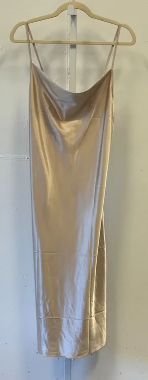Ekouaer Champagne Gold Satin Cowl Neck Midi Slip Dress Women's Medium Adjustable thumbnail 1