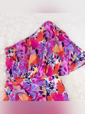 AIDAN‎ MATTOX One Shoulder Cocktail Dress Size 4 Pink Purple Floral Colorful thumbnail 4