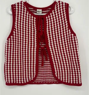 Nikka K Striped Tie Front Knit Sweater Vest Women L Red White Shabby Chic Retro thumbnail 1
