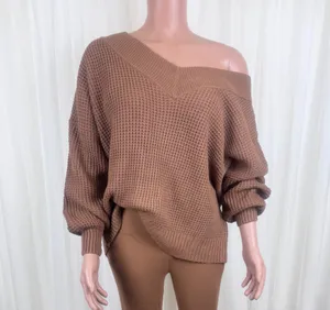 New Women's Zenana Plus Size V-Neck Off The Shoulder Waffle Knit Sweater Camel / Light Brown Sz 1X thumbnail 2