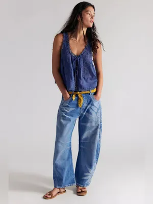 Free People We The Free Good Luck Printed Barrel Jeans in Sun Fade 27 thumbnail 3
