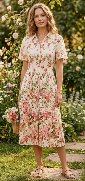 Floral Button-Front Midi Dress in Cream and Pink Size M thumbnail 1