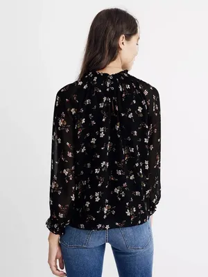 Madewell XL Black Floral Smocked Mock Neck Long Sleeve Blouse Romantic thumbnail 3