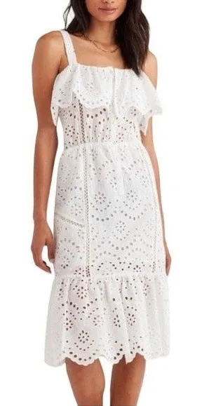 7 For All Mankind Floral Eyelet Lace Tiered Ruffle Midi Dress White Size L thumbnail 1