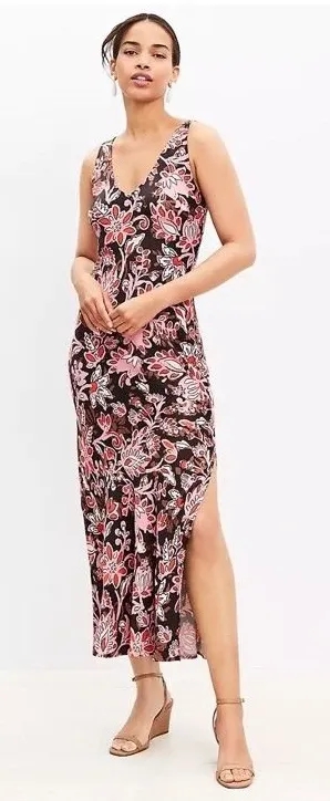 Loft Womens Paisley Boho Maxi Dress Size‎ 14 V Neck Slit Resort Vacation Slip thumbnail 1