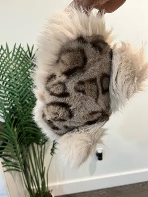 Plush Faux Fur Animal Ear Beanie - Cream & Brown thumbnail 2