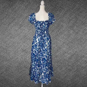 Blue White Floral Smocked Puff Sleeve Maxi Dress Size M thumbnail 7