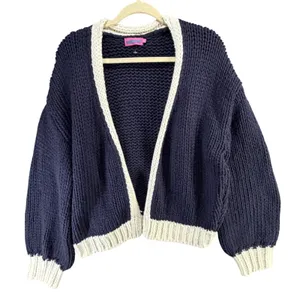 Edikted Contrast Chunky Knit Cardigan Womens XS/S Navy Ivory Oversized Cozy thumbnail 2