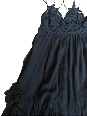 Free People One Black Lace Boho Mini Dress Ruffle Hem Sweetheart Small Women's thumbnail 3