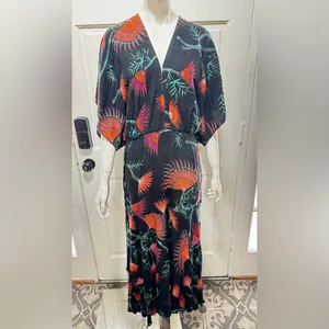Farm Rio Anthropologie Valentina Black Maxi Orange Tropical Floral Print Sz S thumbnail 3